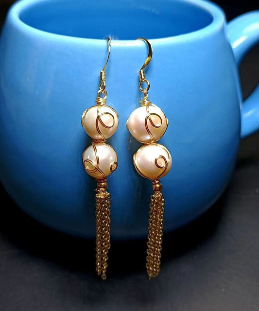 Pearl Tassel 14k Gold Drop Earrings