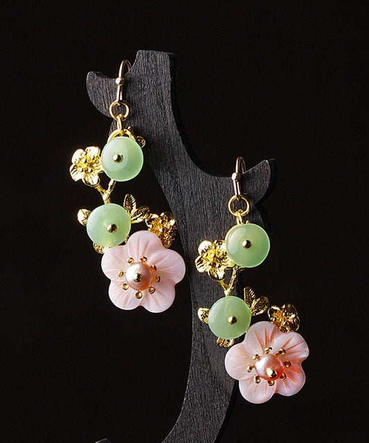 Pink Green Pearl Shell Flower Chalcedony Drop Earrings