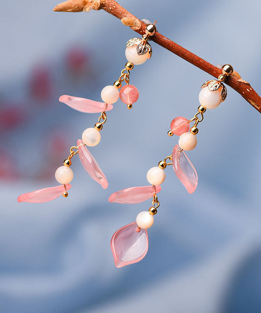 Pink Petal Crystal 14k Gold Drop Earrings