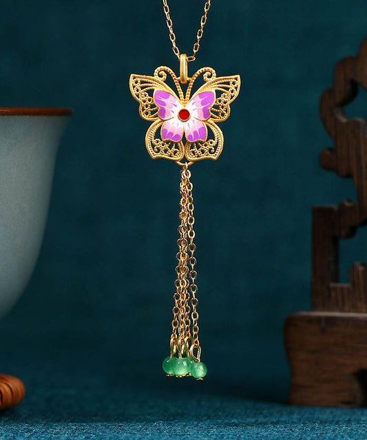 Purple Sterling Silver Overgild Agate Butterfly Tassel Pendant Necklace Kx1063