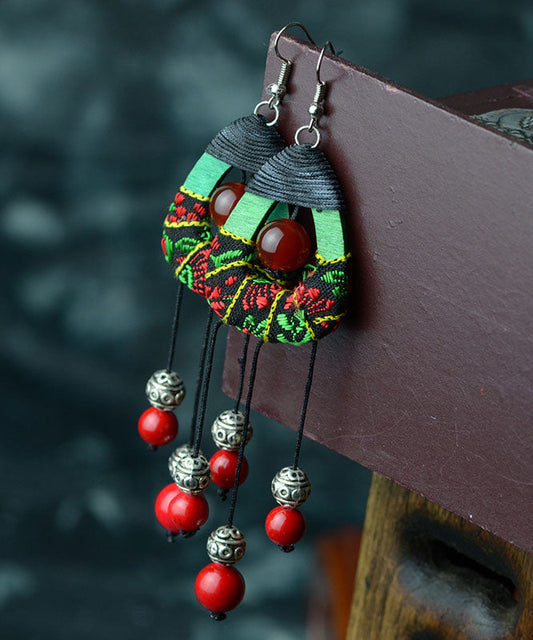Red Agate Cotton Rope Tassel Drop Earrings