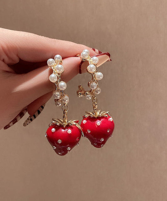 Red Alloy Zircon Jade Strawberry Drop Earrings