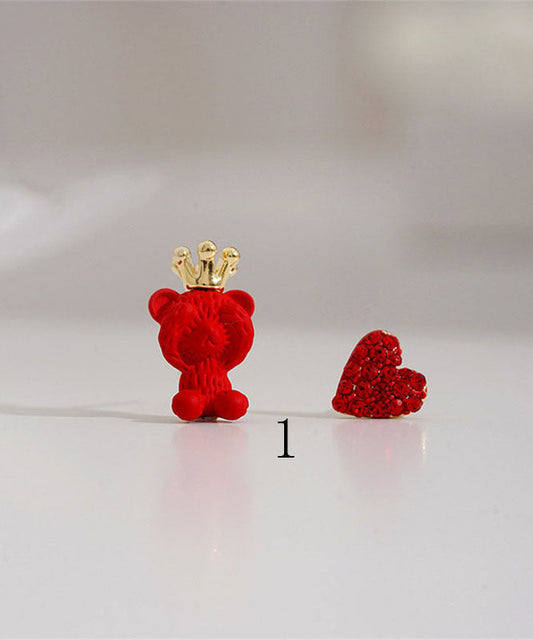 Red Animal Zircon Metal Asymmetrical Design Stud Earrings