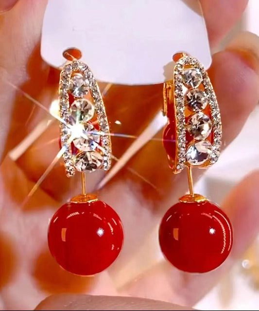 Red Copper Overgild Zircon Pearl Drop Earrings