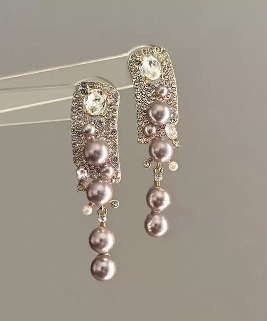 Rose Alloy Zircon Pearl Tassel Drop Earrings