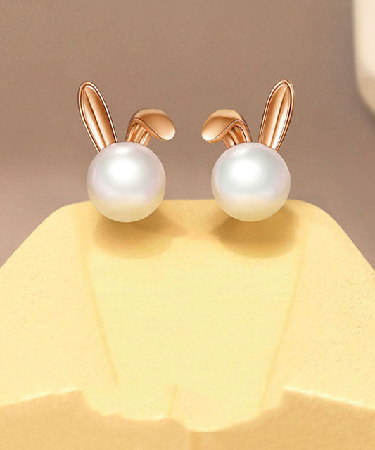 Rose Gold Rabbit Metal Pearl Stud Earrings