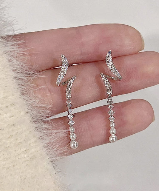 Silk Alloy Zircon Pearl Tassel Drop Earrings