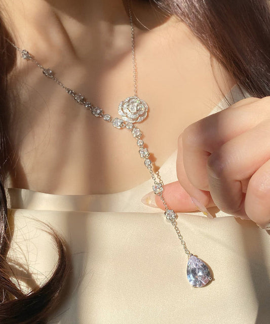 Silk Sterling Silver Zircon Rose Tassel Pendant Necklace Kx1034
