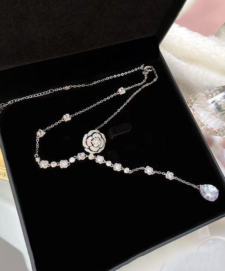 Silk Sterling Silver Zircon Rose Tassel Pendant Necklace