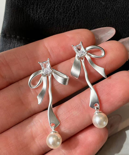 Silvery Bow Metal Pearl Pendant Fine Zircon Drop Earrings