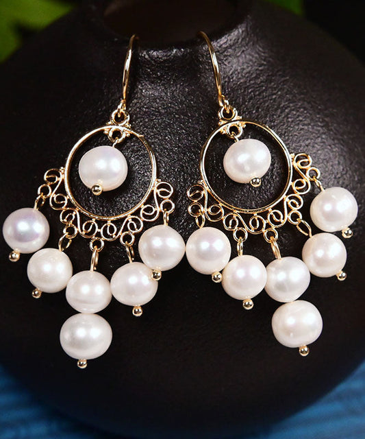 White 14k Gold Pearl Tassel Drop Earrings