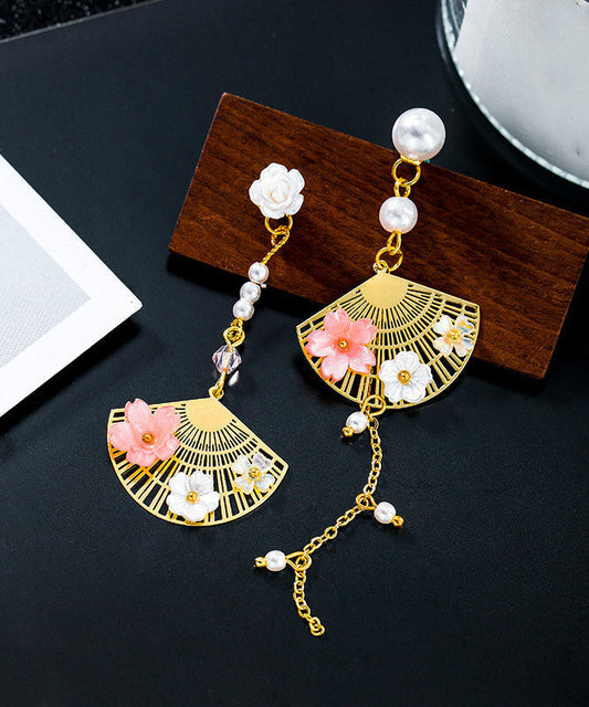 White Alloy Inlaid Crystal Pearl Asymmetricar Fan Shaped Drop Earrings