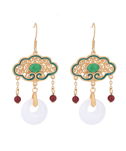 White Alloy Inlaid Gem Stone Jade Cloisonne Enamel Tassel Ping Buckle Drop Earrings
