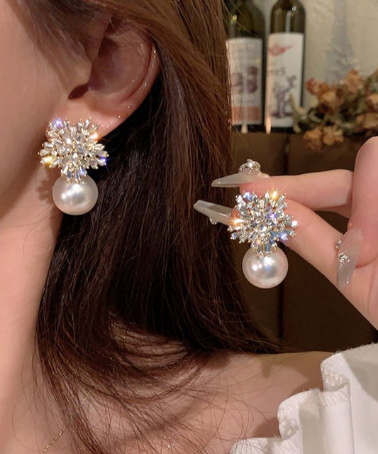White Alloy Zircon Snowflake Pearl Stud Earrings