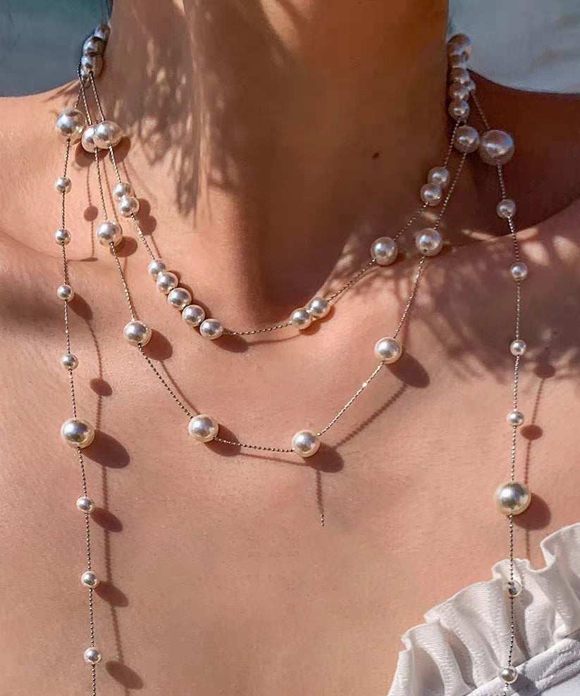 White Copper Overgild Double-layer Pearl Lariat Necklace