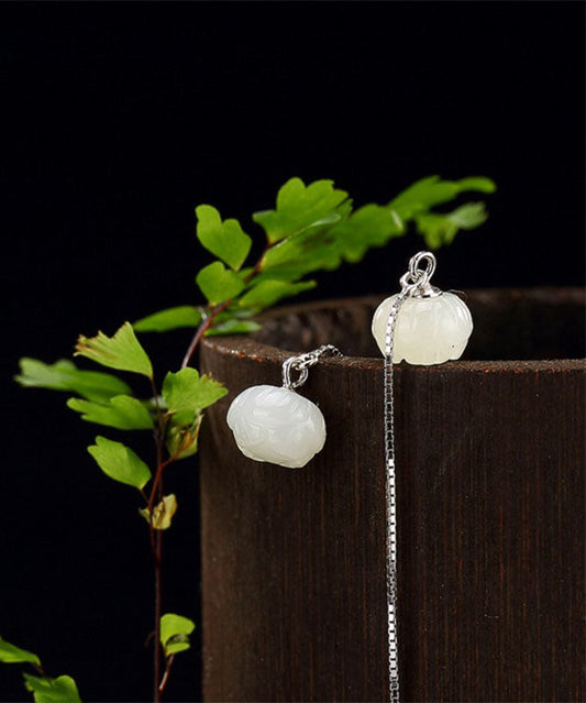 White Sterling Silver Inlaid Jade Lotus Drop Earrings