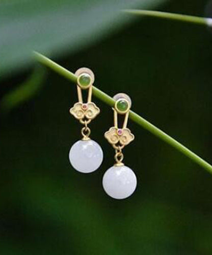 White Sterling Silver Jade Ruyi Drop Earrings
