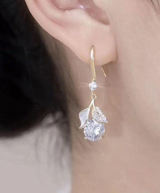 White Sterling Silver Overgild Zircon Leaves Drop Earrings