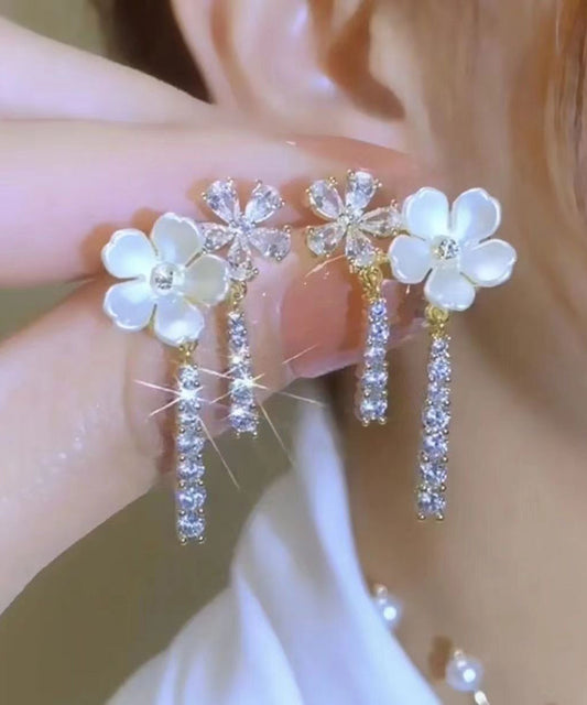 White Sterling Silver Overgild Zircon Pearl Drop Earrings