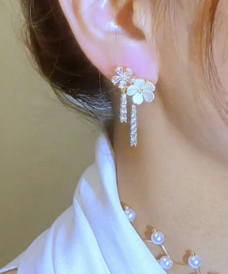White Sterling Silver Overgild Zircon Pearl Drop Earrings