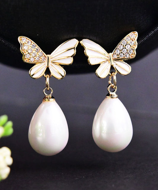 White Sterling Silver Zircon Butterfly Shell Water Drop Drop Earrings