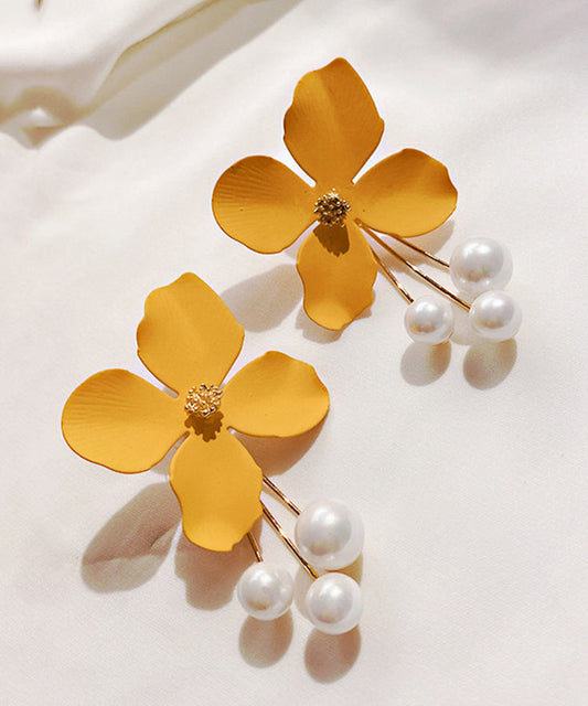 Yellow Metal Pearl Tassel Drop Earrings