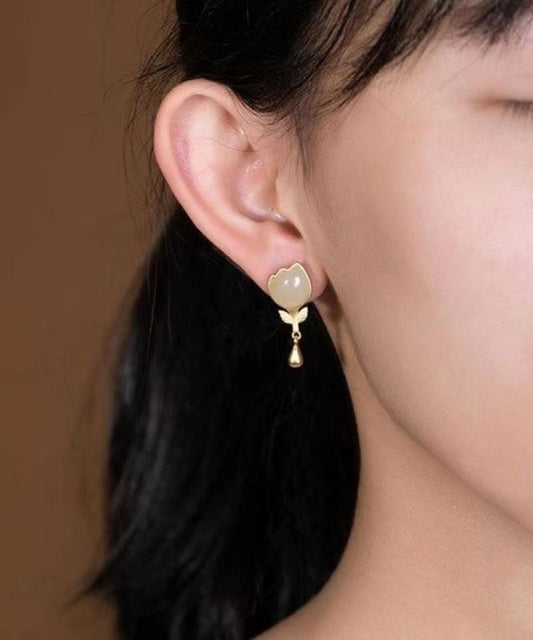 Yellow Sterlign Silver Inlaid Jade Leaf Drop Earrings