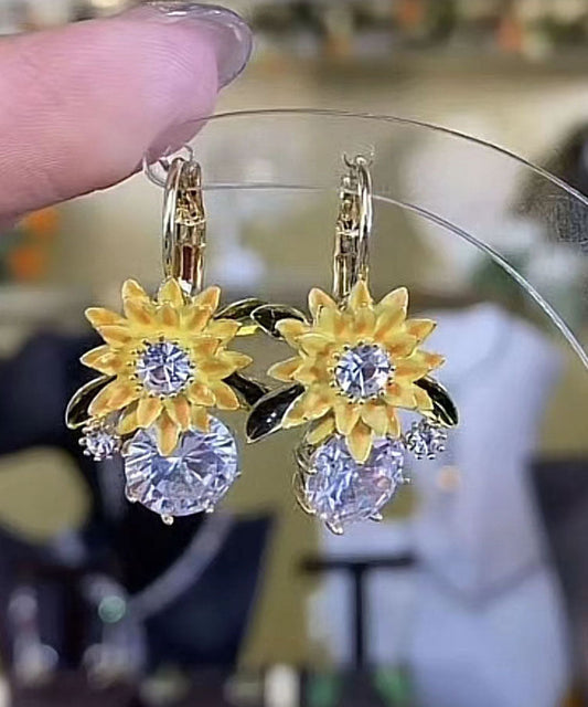 Yellow Sterling Silver Overgild Zircon Sunflower Drop Earrings