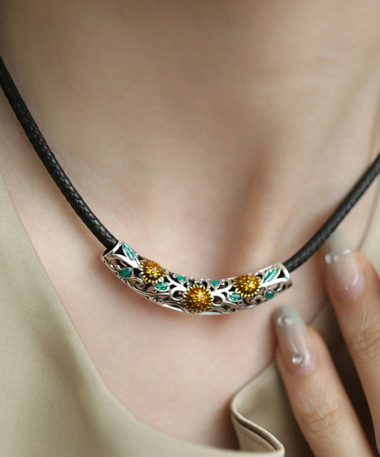 Fine Black Sterling Silver Crystal Sunflower Choker Kx1031