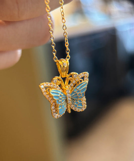 Fine Blue Ancient Dharma Gold Zircon Butterfly Pendant Necklace Ac1076