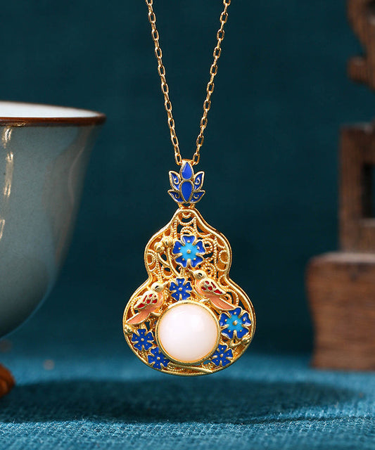 Fine Blue Ancient Gold Jade Enamel Lotus Flower Gourd Pendant Necklace Kx1073