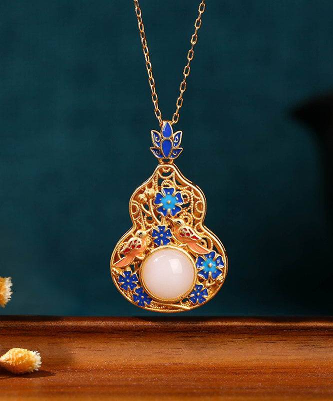 Fine Blue Ancient Gold Jade Enamel Lotus Flower Gourd Pendant Necklace Kx1073