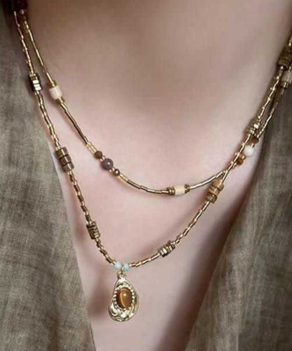 Fine Coffee Copper Crystal Tiger Eye Stone Pendant Necklace Two Piece Set Qz010