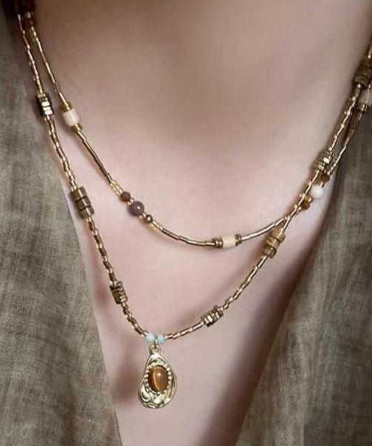 Fine Coffee Copper Crystal Tiger Eye Stone Pendant Necklace Two Piece Set Qz010