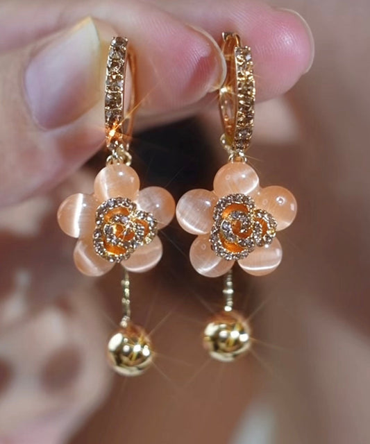 Fine Gold Alloy Zircon Cat Eye Stone Drop Earrings