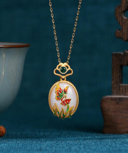 Fine Gold Copper Overgild Jade Crystal Butterfly Pendant Necklace Kx1069