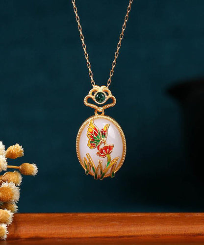 Fine Gold Copper Overgild Jade Crystal Butterfly Pendant Necklace Kx1069