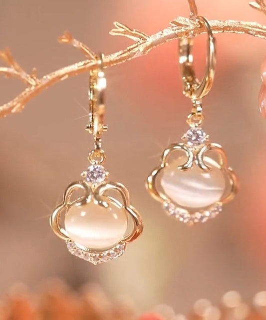 Fine Gold Copper Zircon Cat's Eye Stone Ruyi Lock Drop Earrings
