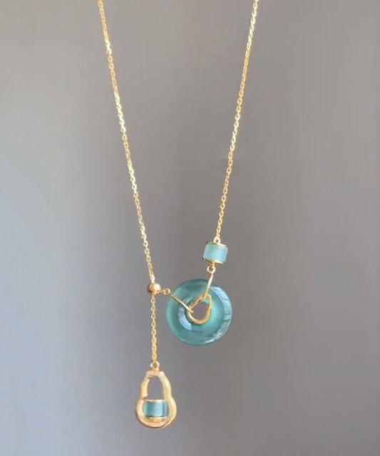 Fine Gold Sterling Silver Overgild Ping Buckle Jade Gourd Lariat Necklace Ra043