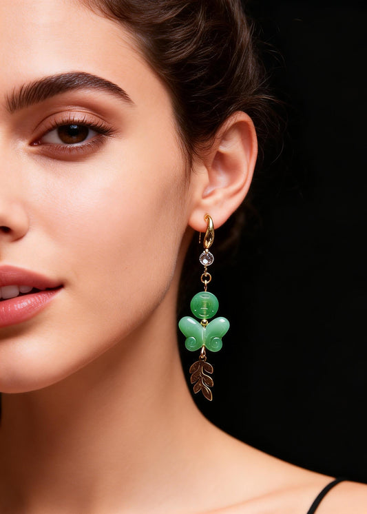 Fine Green Butterfly Jade Zircon Drop Earrings