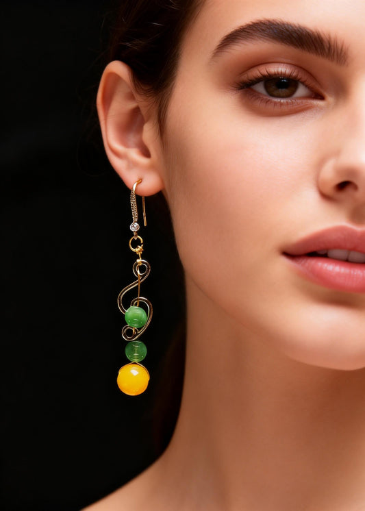 Fine Jade and Beeswax Zircon Long Drop Earrings