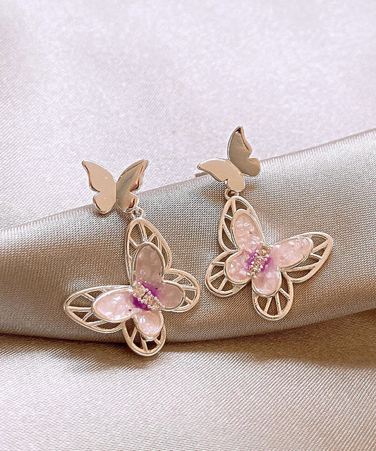 Fine Pink Copper Butterfly Glaze Hollow Out Drop Earrings