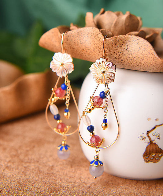Fine Purple Crystal Shellfish Flower 14k Gold Hollow Out Drop Earrings