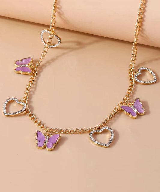 Fine Purple Sterling Silver Overgild Zircon Butterfly Love Pendant Necklace Df1011