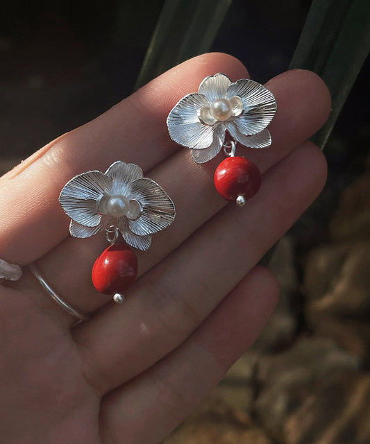 Fine Red Sterling Silver Pearl Red Beans Drop Earrings