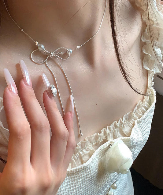 Fine Silk Alloy Pearl Bow Pendant Necklace Yu002