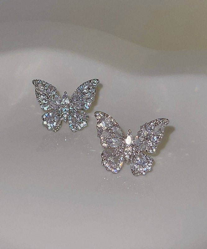 Fine Silk Copper Alloy Zircon Butterfly Stud Earrings