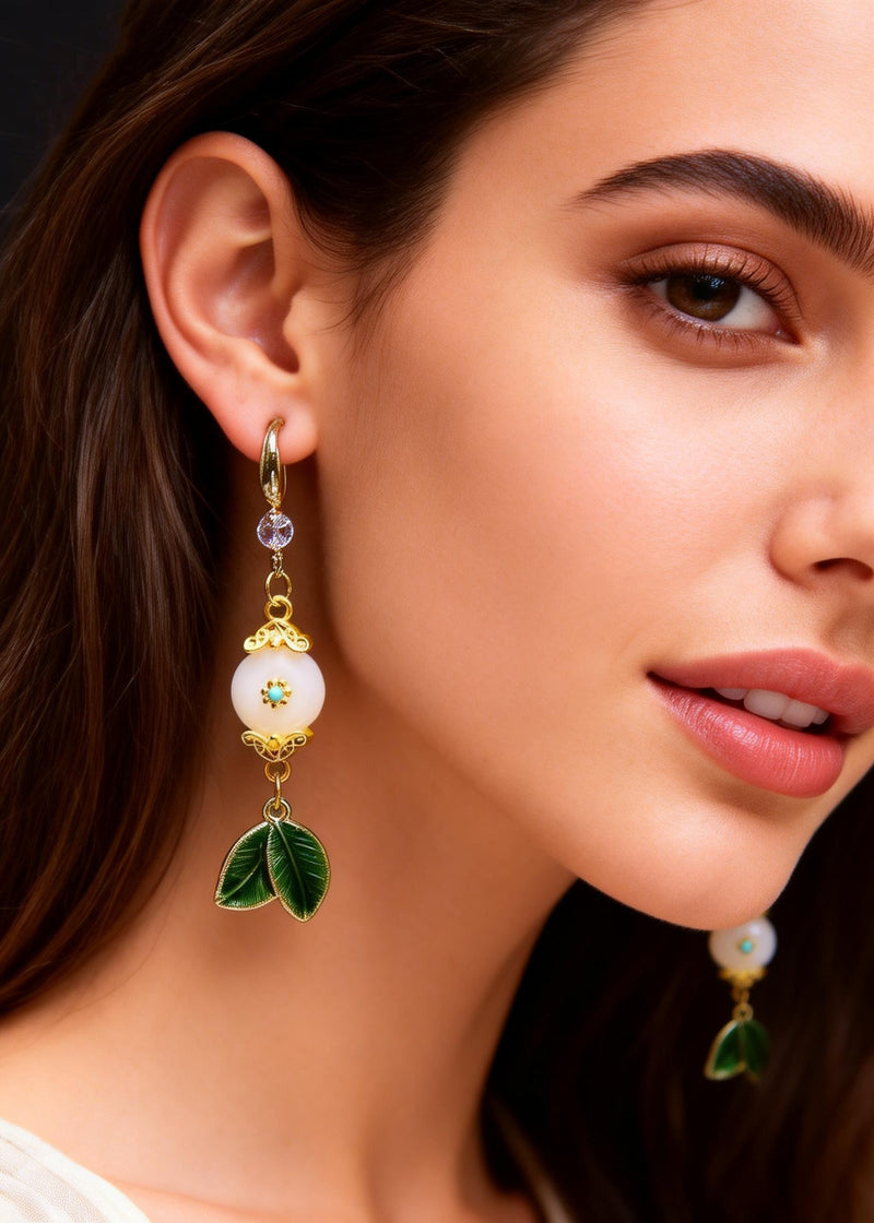 Fine White Jade Green Leaf Metal Drop Earrings