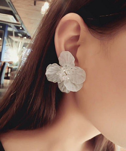 White Crystal Petal Exaggeration Alloy Stud Earrings