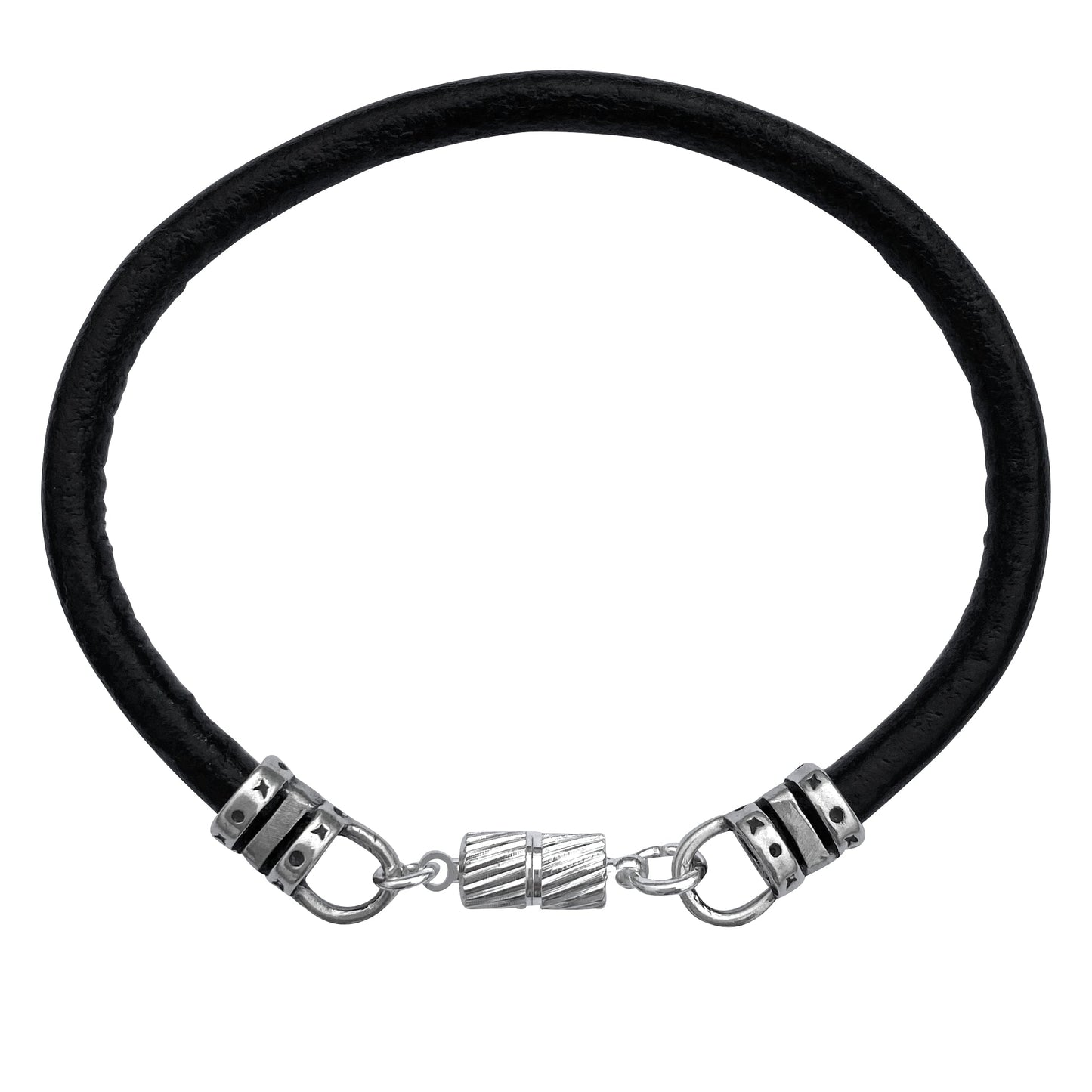 Extra Thick 4mm Wide Black Leather Bracelet With Silver Magnetic Clasp